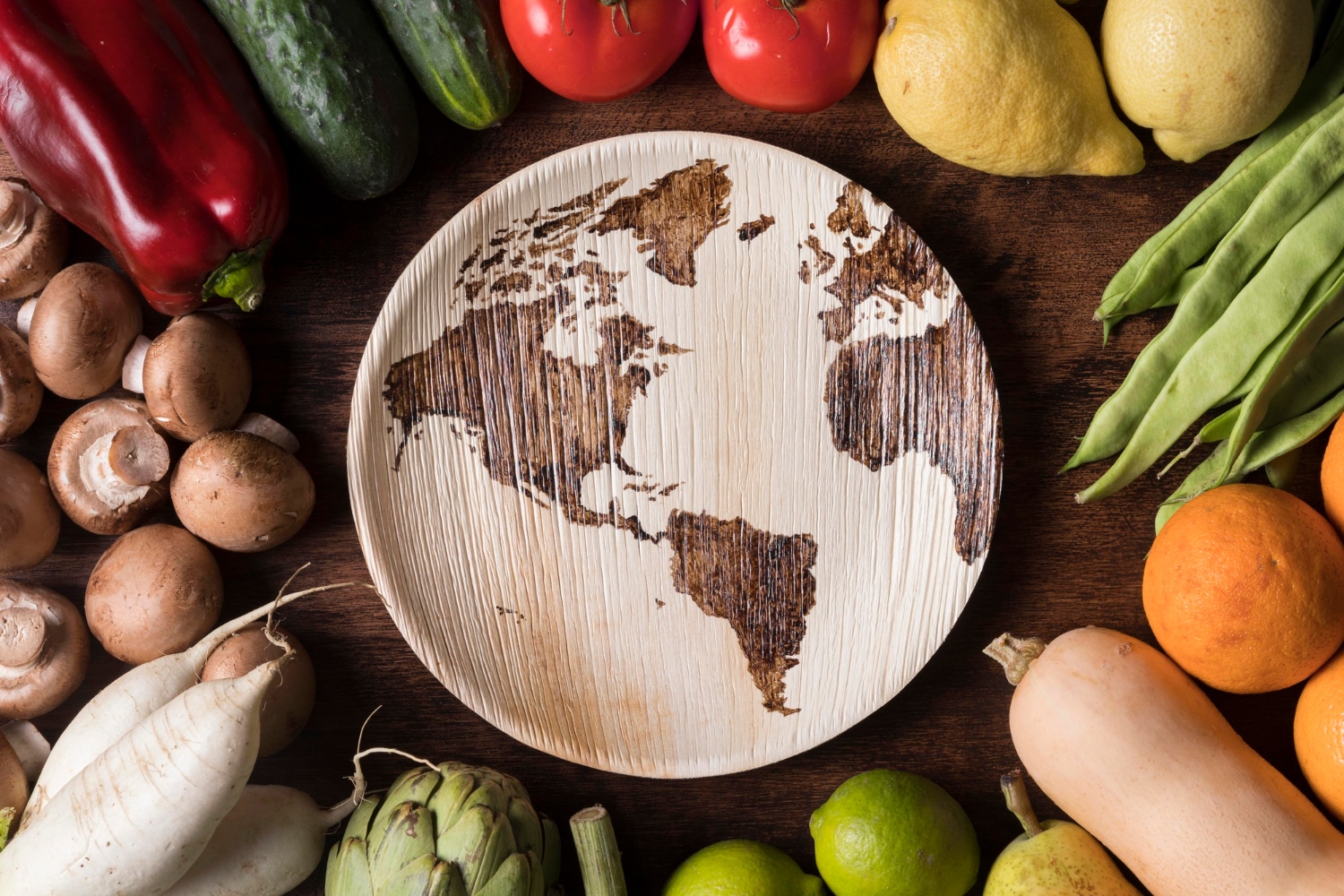 Assiette en bois gravée du planisphère entourée de fruits et légumes frais — symbole d’une agriculture durable et d’un commerce équitable qui relient producteurs et consommateurs à travers le monde.