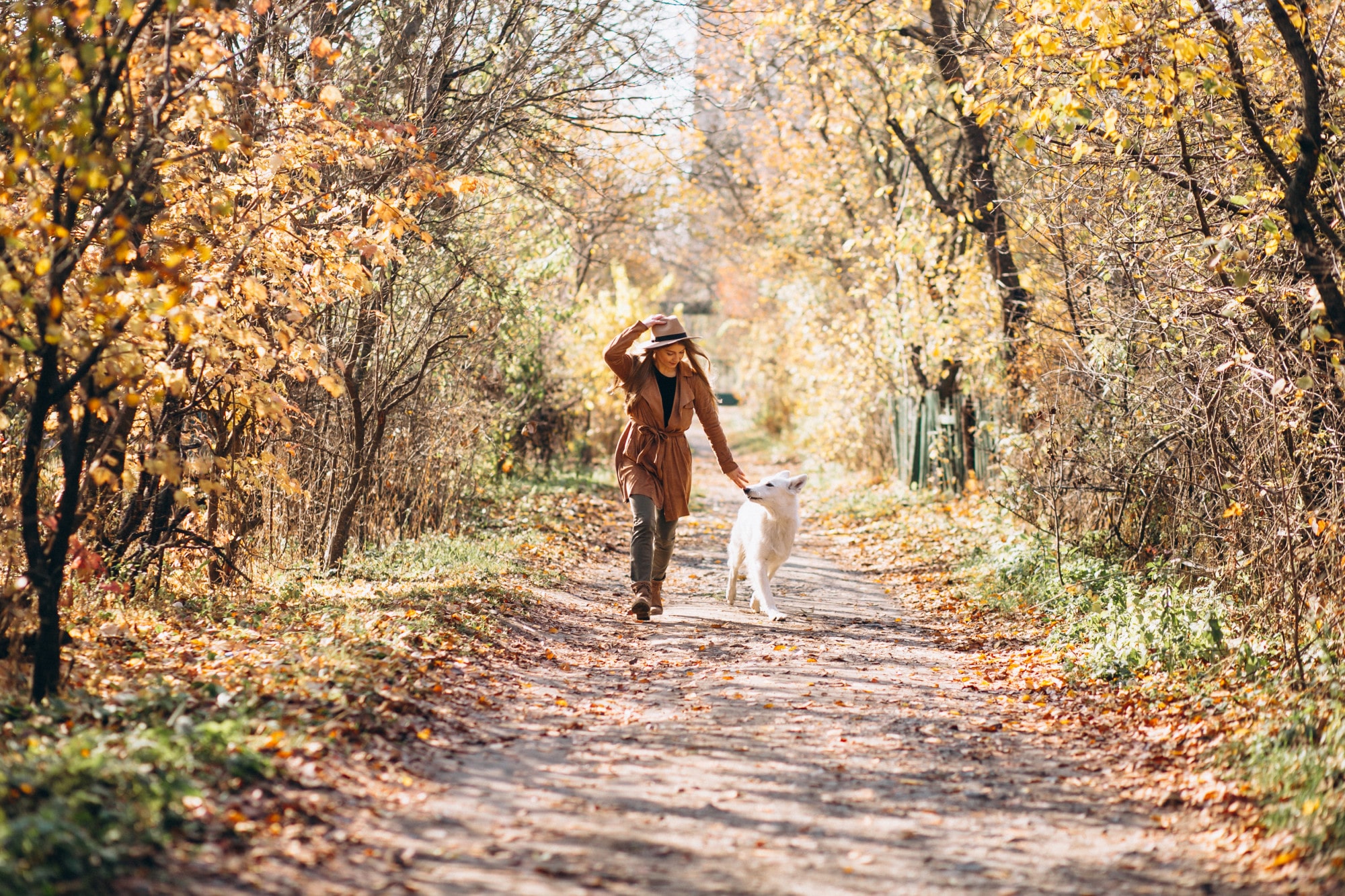 Une jeune femme dans un parc avec son chien blanc.