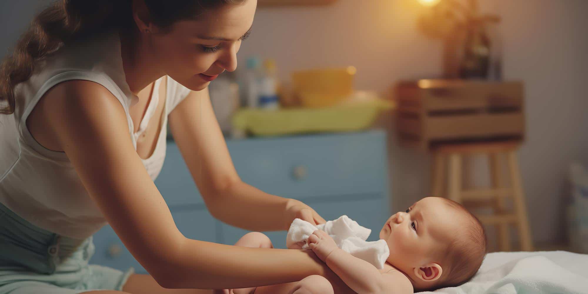 Jeune maman changeant la couche de son nouveau-né dans une chambre bébé, moment de soin et de douceur