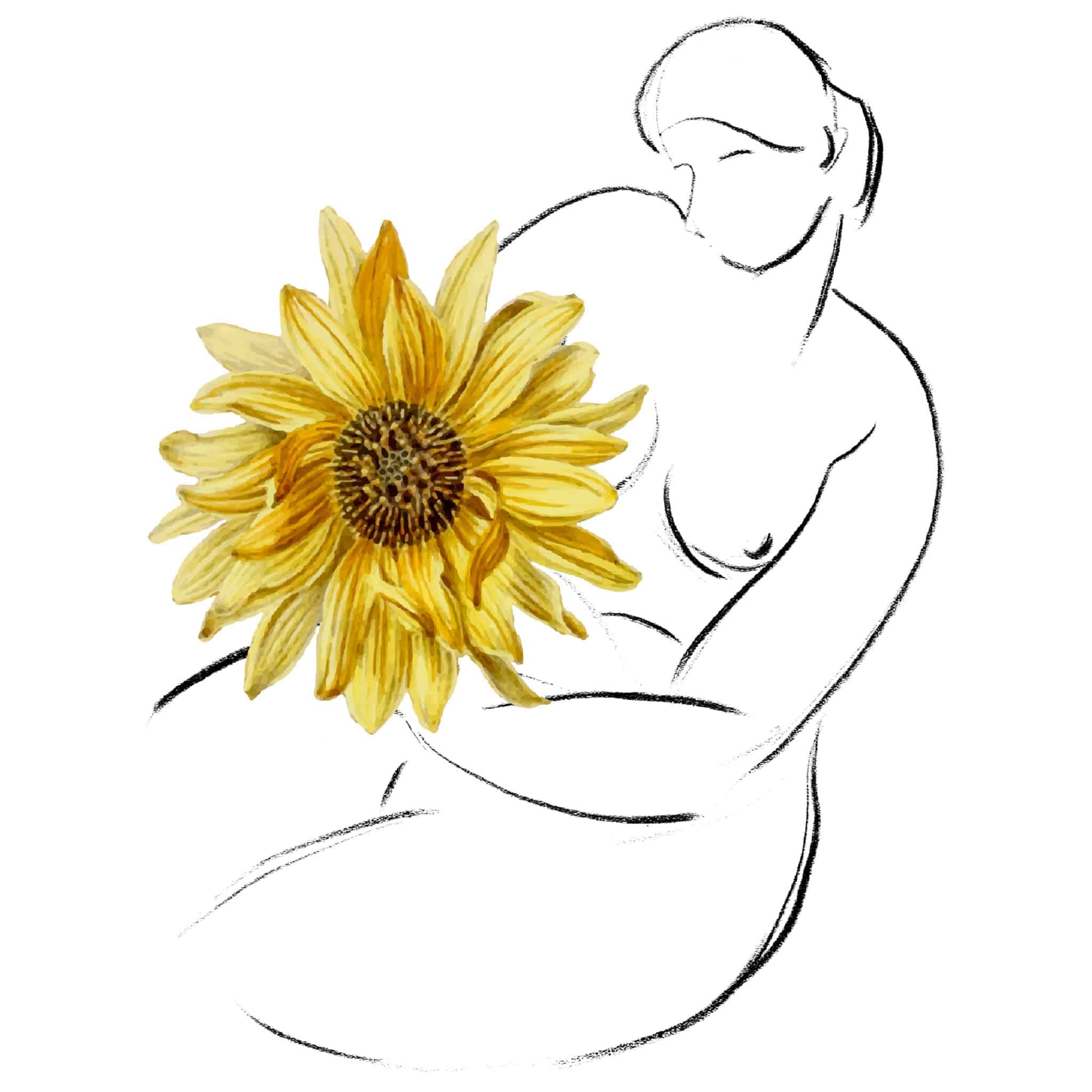 Illustration stylisée représentant une femme tenant un tournesol, évoquant l'accompagnement médical et le bien-être féminin.