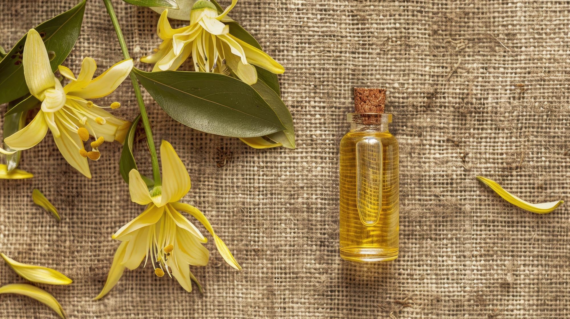 Flacon d'huile essentielle d'ylang-ylang présenté aux côtés de fleurs jaunes, appréciée pour son parfum exotique.