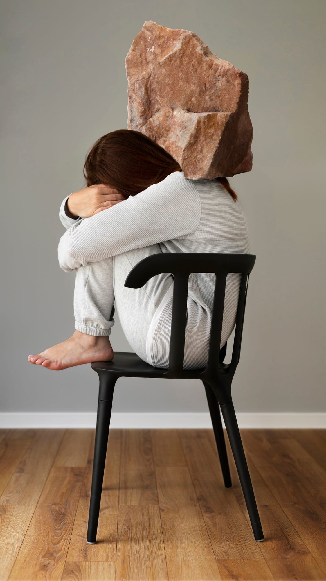Personne assise recroquevillée sur une chaise, symboliquement écrasée par un lourd rocher, illustrant le stress chronique et la charge mentale pouvant influencer la libido.