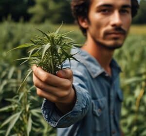 Homme tenant une plante de chanvre dans un champ cultivé en bio pour la production de CBD.