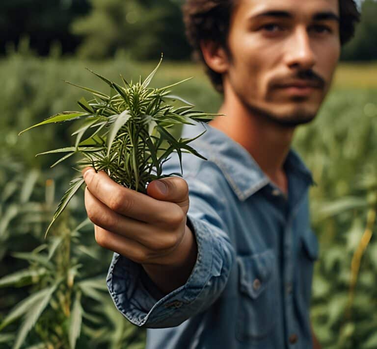 Homme tenant une plante de chanvre dans un champ cultivé en bio pour la production de CBD.
