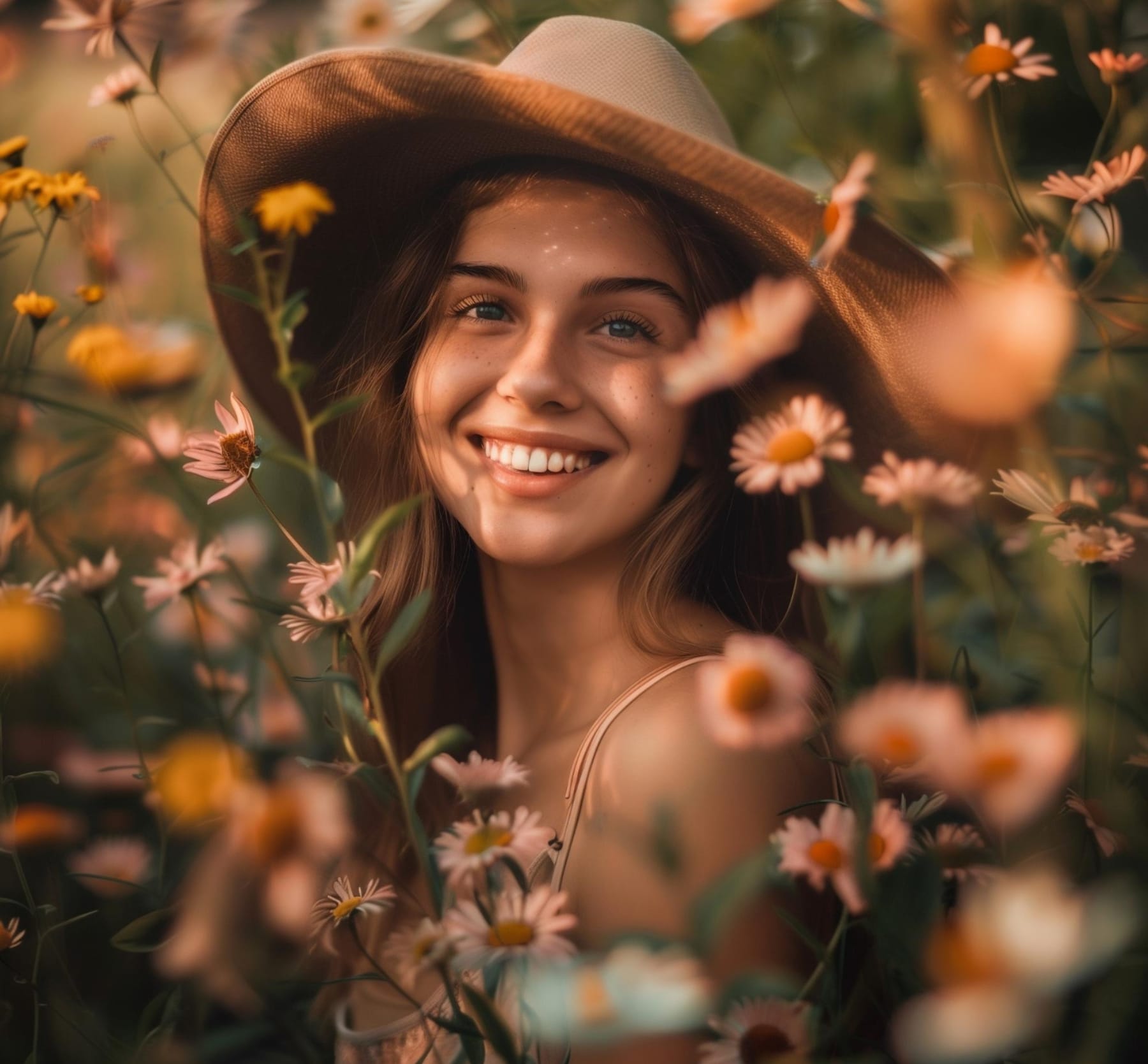 Femme souriante entourée de fleurs – symbole de bonheur et de renouveau naturel