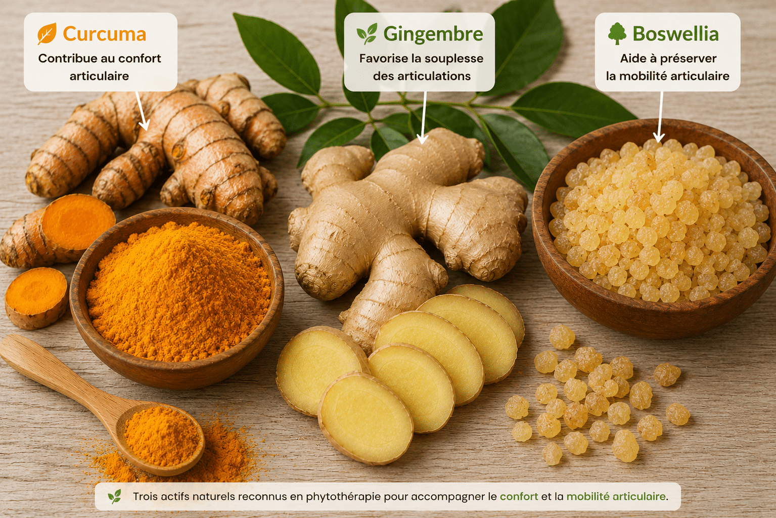 Curcuma, gingembre et boswellia, trois actifs naturels reconnus pour accompagner le confort, la souplesse et la mobilité des articulations.