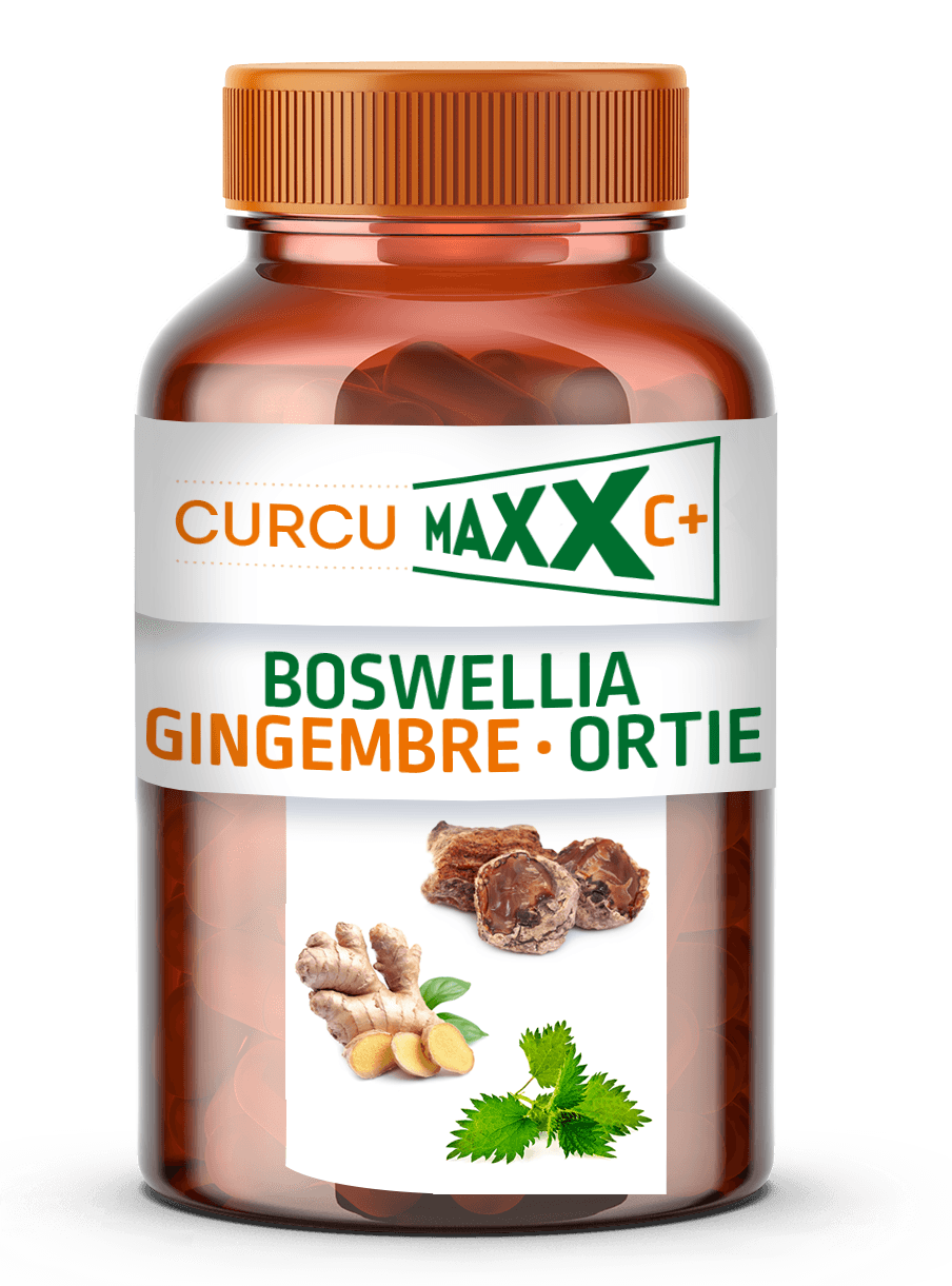 Pilulier Curcumaxx C+ Boswellia, Gingembre et Ortie 60 gélules, formule associant trois plantes pour accompagner naturellement le confort, la souplesse et la mobilité des articulations.