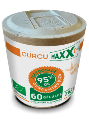 Pilulier Curcumaxx C+ Bio de 60 gélules, complément alimentaire fortement dosé en curcuminoïdes, destiné à accompagner naturellement le confort et la mobilité des articulations.