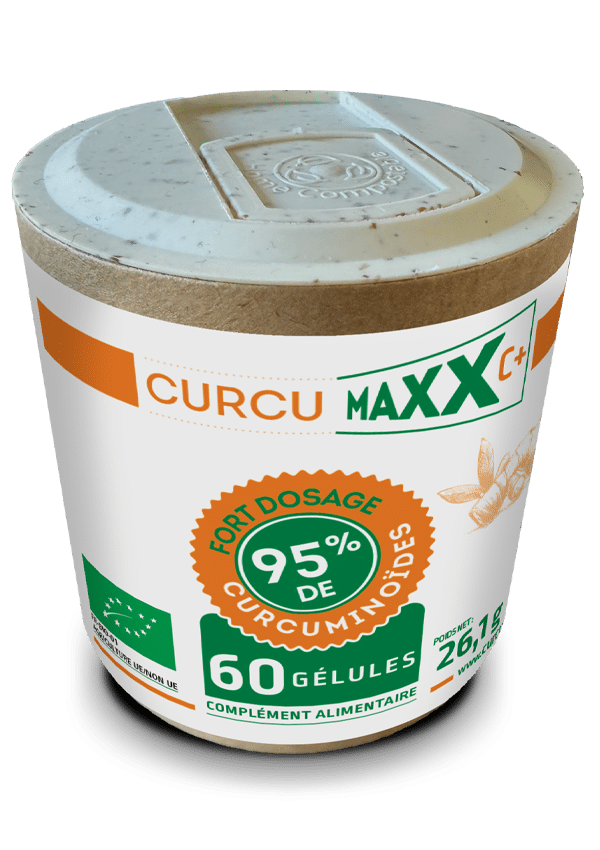 Pilulier Curcumaxx C+ Bio de 60 gélules, complément alimentaire fortement dosé en curcuminoïdes, destiné à accompagner naturellement le confort et la mobilité des articulations.