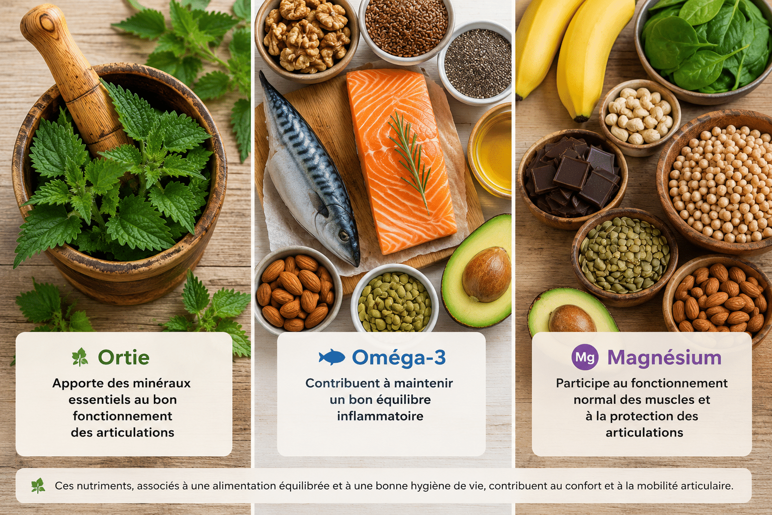 Illustration de l’ortie, des aliments riches en oméga-3 (saumon, maquereau, avocat, noix, graines) et des sources naturelles de magnésium pour soutenir la santé et la mobilité des articulations.