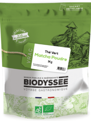 Poudre de thé vert matcha bio Biodyssée 1 kg, format économique spécial cuisine riche en antioxydants