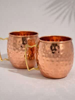 Ensemble de 2 grandes tasses à anses, fabriqué à la main, en cuivre pur avec une finition martelée.