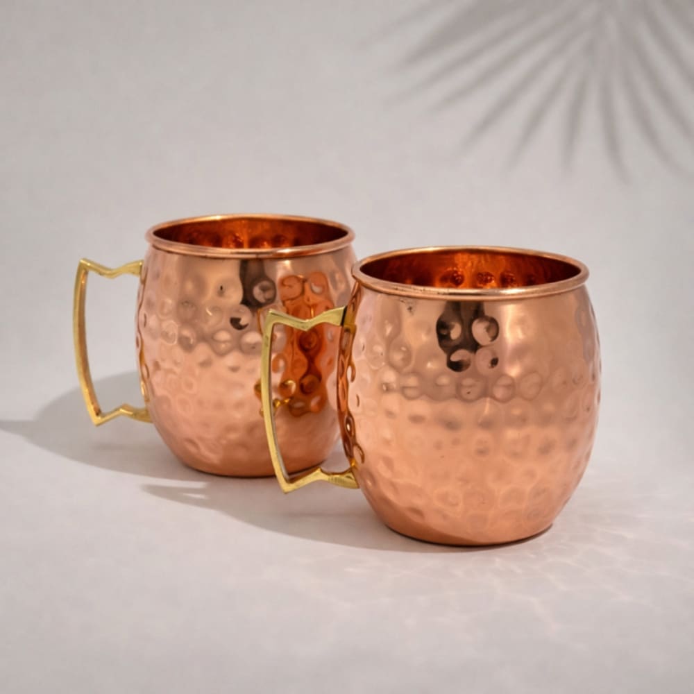 Ensemble de 2 grandes tasses à anses, fabriqué à la main, en cuivre pur avec une finition martelée.