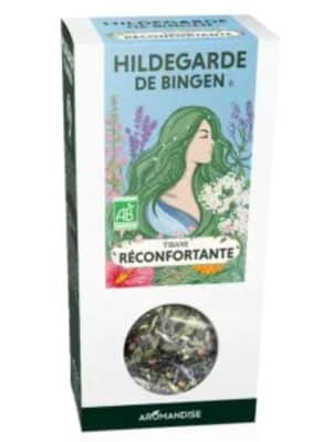 Boîte de tisane Réconfortante Hildegarde de Bingen d’Aromandise, décorée d’une illustration florale et d’un médaillon transparent montrant les plantes séchées.