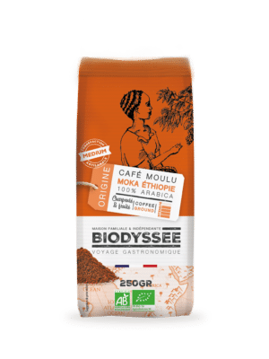 Café moulu bio Moka Éthiopie 100% Arabica Biodyssée 250 g, café d’origine aux notes charpentées et fruitées issu de l’agriculture biologique