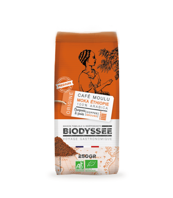 Café moulu bio Moka Éthiopie 100% Arabica Biodyssée 250 g, café d’origine aux notes charpentées et fruitées issu de l’agriculture biologique