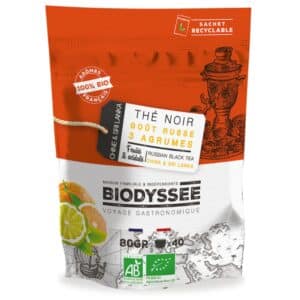 Thé noir goût russe bio Biodyssée 80 g, mélange aux 3 agrumes aux notes fruitées et légèrement acidulées