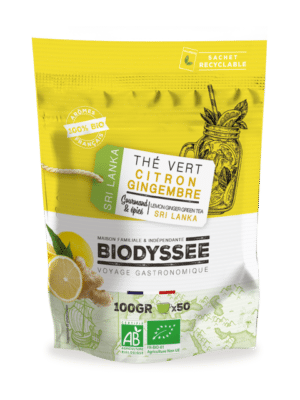 Thé vert bio citron gingembre Biodyssée 100 g, infusion fraîche et épicée associant notes d’agrumes et de gingembre