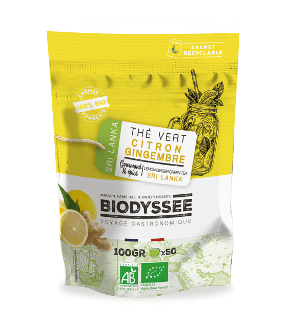 Thé vert bio citron gingembre Biodyssée 100 g, infusion fraîche et épicée associant notes d’agrumes et de gingembre
