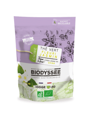Thé vert bio fleuri au jasmin Biodyssée 100 g, thé de Chine parfumé naturellement aux fleurs de jasmin, infusion élégante et florale