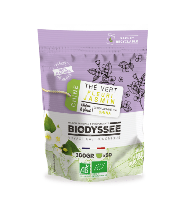 Thé vert bio fleuri au jasmin Biodyssée 100 g, thé de Chine parfumé naturellement aux fleurs de jasmin, infusion élégante et florale