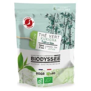 Sachet de thé vert Kukicha bio Japon Biodyssée 80 g, infusion japonaise délicate issue des tiges de théier, saveur douce et équilibrée