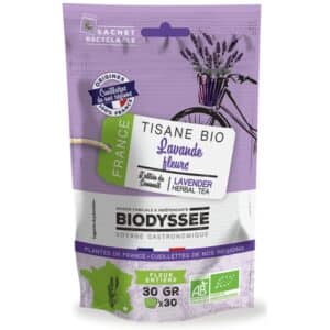 Tisane bio fleurs de lavande Biodyssée 30 g, infusion apaisante issue de plantes de France, idéale pour favoriser la détente et le sommeil