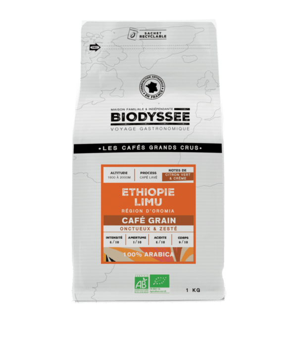 Café grain bio Éthiopie Limu Biodyssée 1 kg – grand cru arabica onctueux aux notes zestées
