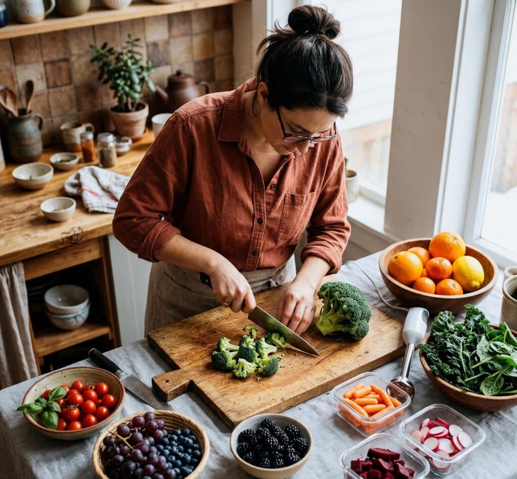 Personne préparant des légumes frais sur une planche à découper pour organiser un batch cooking écologique et les repas de la semaine.
