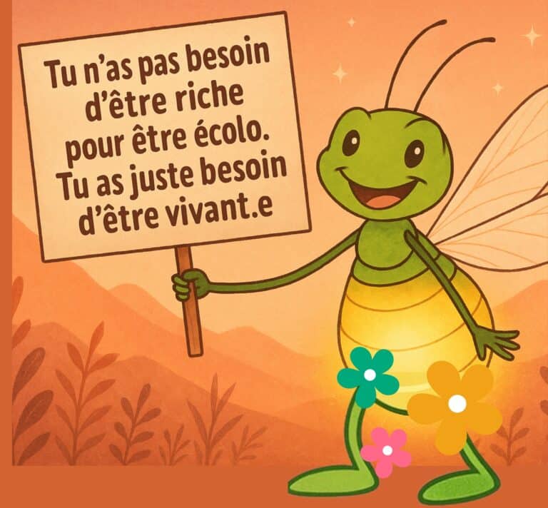 Illustration humoristique d’une sauterelle brandissant une pancarte “Tu n’as pas besoin d’être riche pour être écolo. Tu as juste besoin d’être vivant.e” – message engagé pour une écologie accessible à tous.