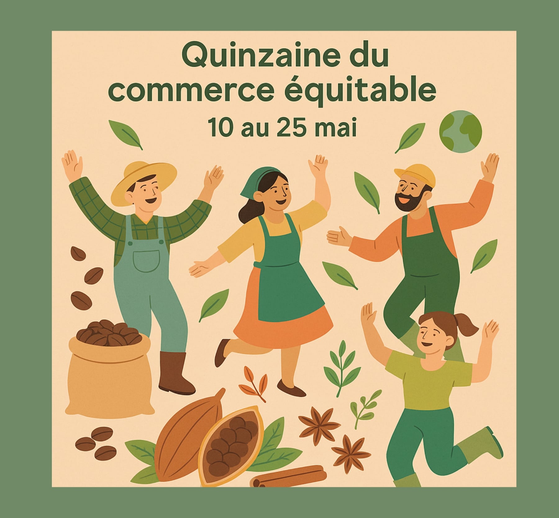 Illustration joyeuse de la Quinzaine du commerce équitable, mettant en scène des producteurs dansants entourés de symboles éthiques comme le café, le cacao et la Terre.