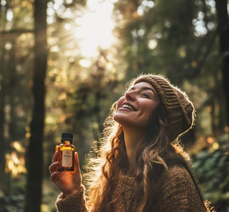 Femme souriante en forêt tenant une bouteille de fleurs de Bach, symbole de bien-être naturel et d’harmonie émotionnelle