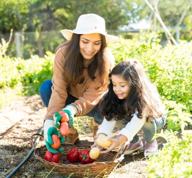 Maman et fille récoltant des légumes ensemble dans un potager, un moment de complicité au cœur de la nature, symbole de transmission et de mode de vie écoresponsable.