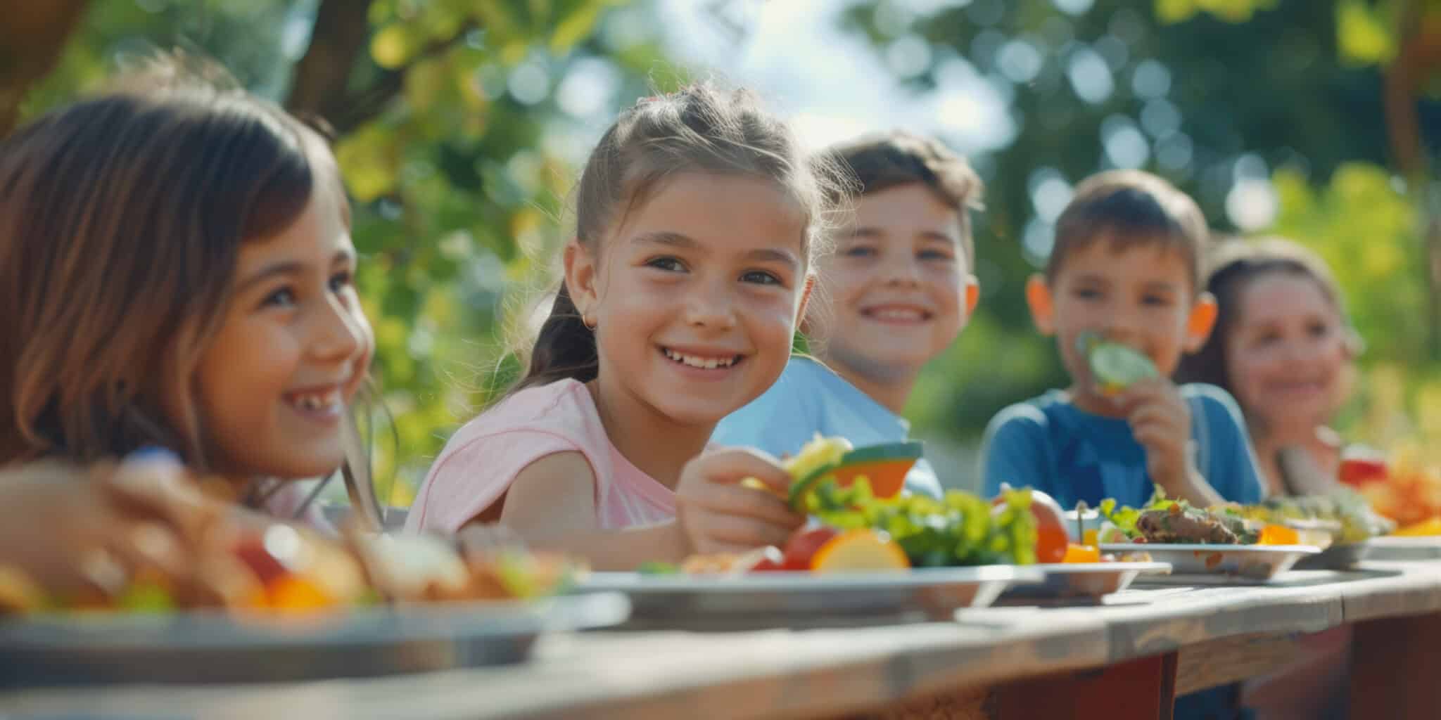 Enfants mangeant des légumes en plein air, illustrant une alimentation bio et joyeuse à la cantine ou en famille