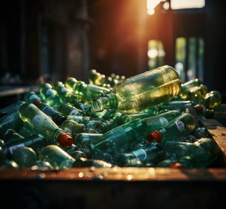 Bac rempli de bouteilles en verre consignées, éclairées par la lumière du soleil couchant, symbole du réemploi et de l’économie circulaire.