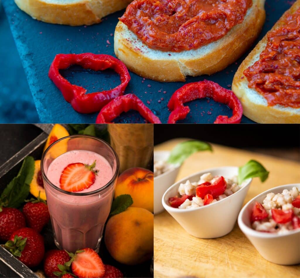 Trois recettes d’été colorées et végétariennes : tartinade de poivron rouge sur pain grillé, smoothie pêches-fraises au chia et verrines tomates-tofu soyeux, présentées sur fond ensoleillé.