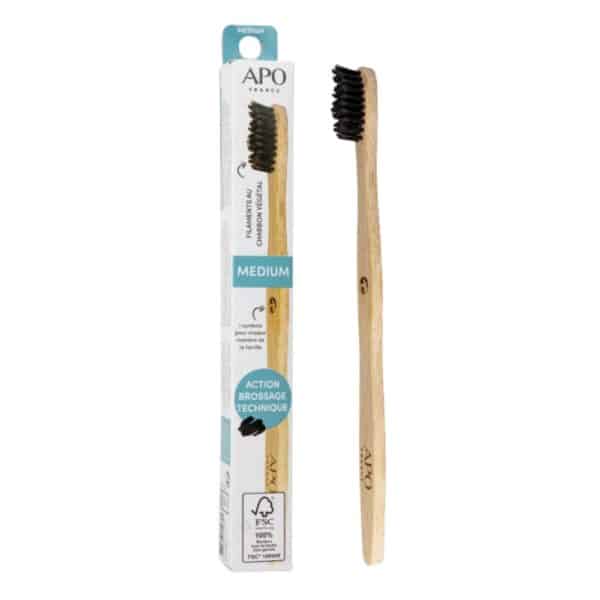 Brosse à dents en bambou medium Apo – filaments au charbon végétal, manche certifié FSC, zéro déchet