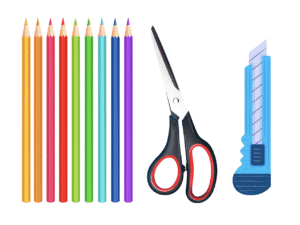 Ciseaux, crayons de couleur, cutter