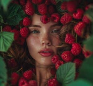 Portrait poétique d’une femme au teint clair, entourée de framboises mûres et de feuilles vertes, illustrant la douceur, la féminité et la nature estivale du framboisier.