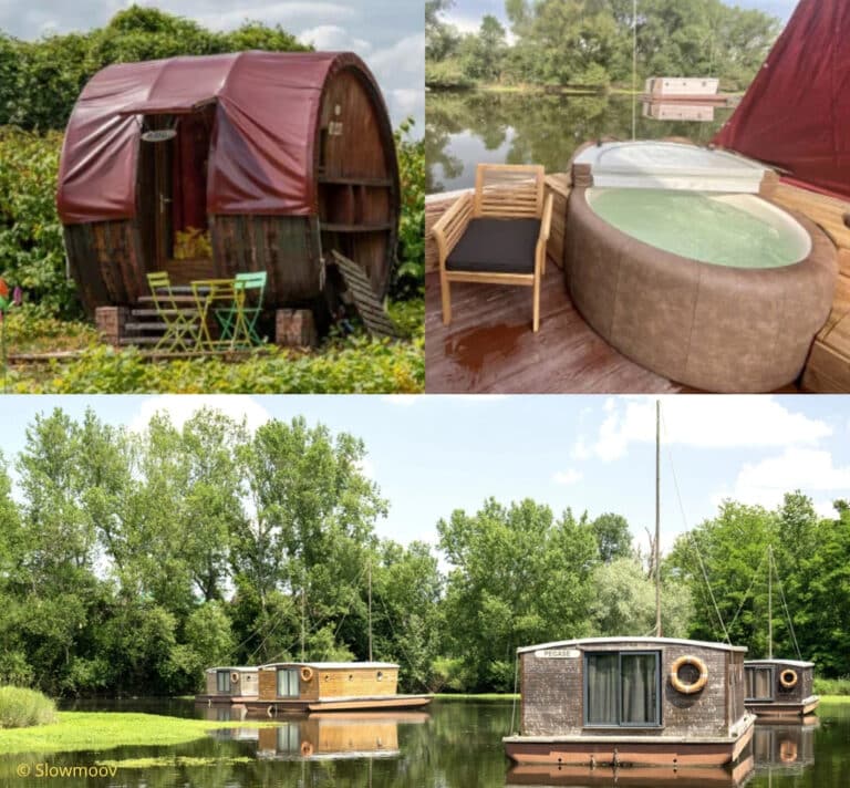 Hébergements insolites et écologiques avec Slowmoov : foudre aménagé en cabane, jacuzzi en terrasse au bord de l’eau, et toues cabanées flottantes dans un cadre naturel verdoyant.