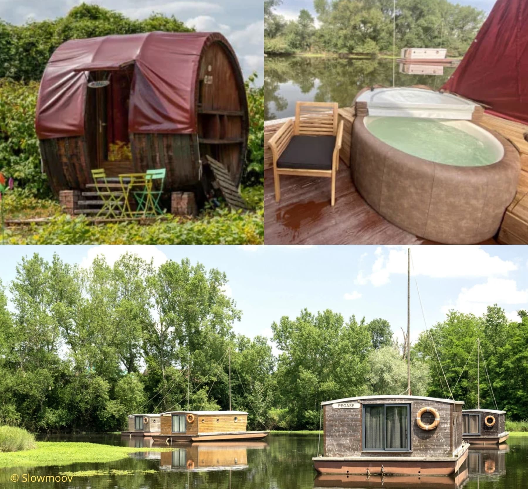 Hébergements insolites et écologiques avec Slowmoov : foudre aménagé en cabane, jacuzzi en terrasse au bord de l’eau, et toues cabanées flottantes dans un cadre naturel verdoyant.