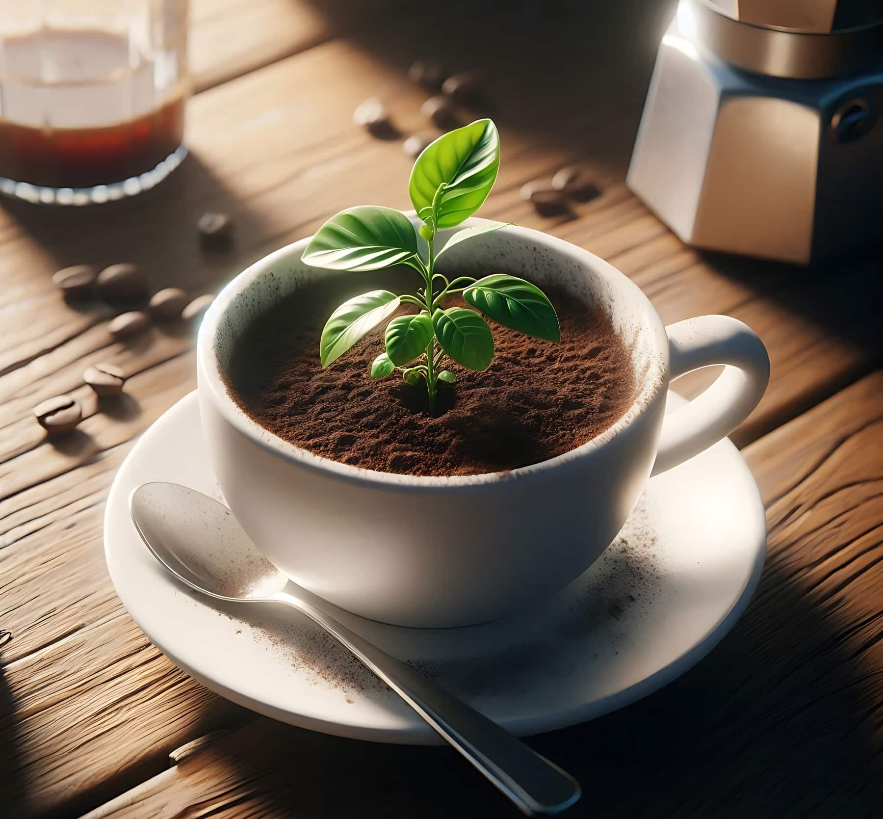 Marc de café réutilisé comme terreau naturel avec une jeune plante qui pousse dans une tasse blanche – astuce zéro déchet pour le jardin