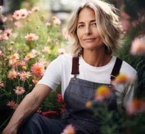 Femme épanouie au naturel dans un jardin fleuri – image d’une ménopause sereine et lumineuse