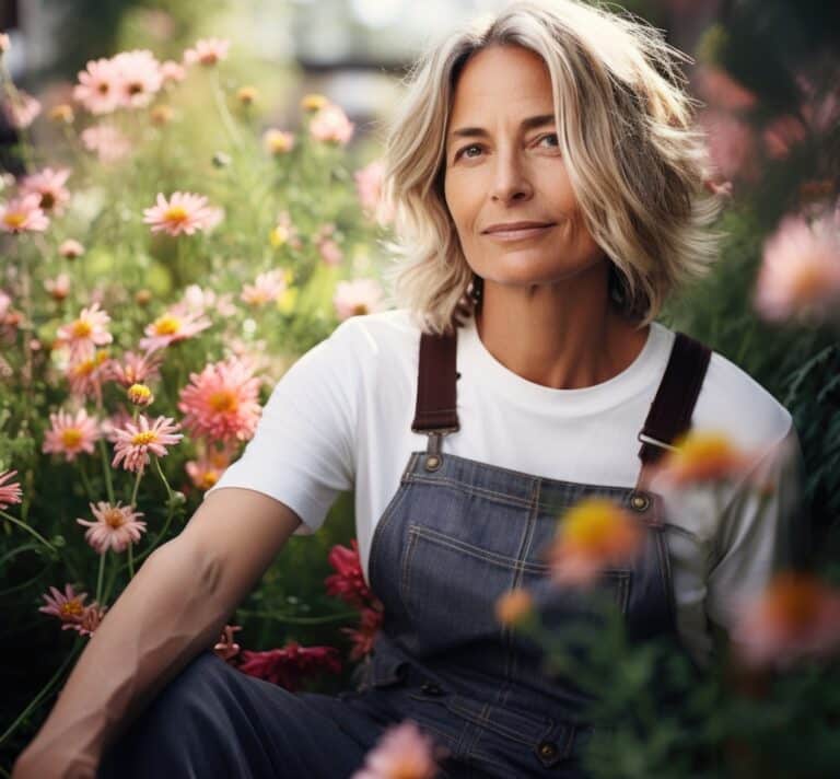 Femme épanouie au naturel dans un jardin fleuri – image d’une ménopause sereine et lumineuse