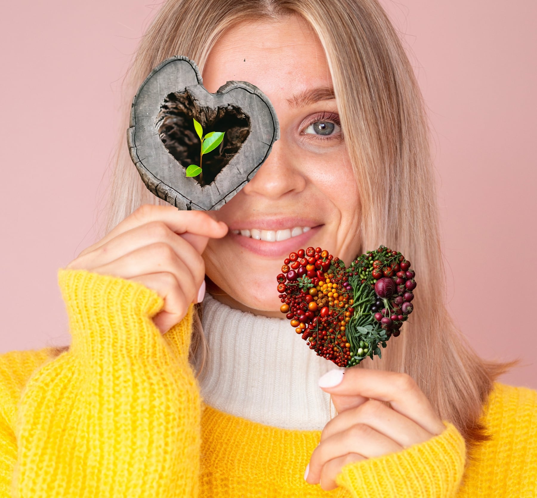 Femme souriante tenant deux cœurs symboliques : un cœur en légumes colorés et un cœur-bois creusé avec une jeune pousse – illustration des coups de cœur bio et poétiques