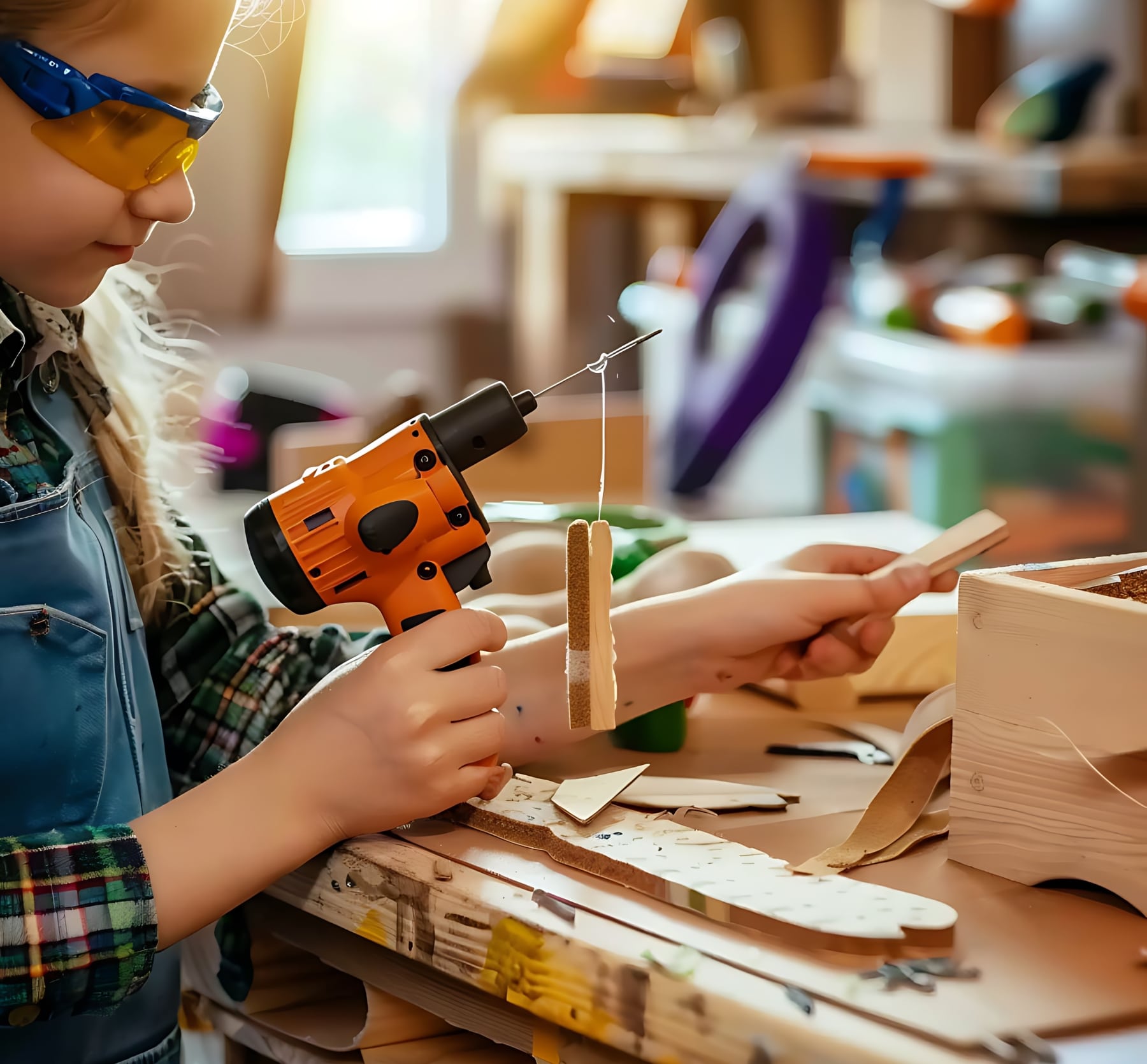 Petite fille concentrée en train de bricoler avec une perceuse, construisant une structure en bois en pleine lumière naturelle. Activité DIY éducative et ludique.