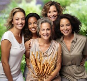 Cinq femmes de différentes générations souriantes, rassemblées dans un cadre naturel, tenant un bouquet de racines de shatavari – symbole de bien-être et de vitalité féminine.