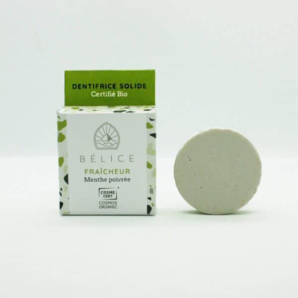 Dentifrice solide bio Bélice – menthe poivrée, en galet rond avec boîte carton compostable certifiée COSMOS Organic
