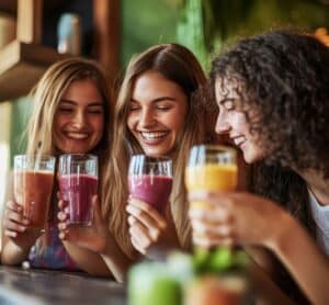 3 amies trinquent avec des smoothies vitaminés, entre joie de vivre et santé au naturel.