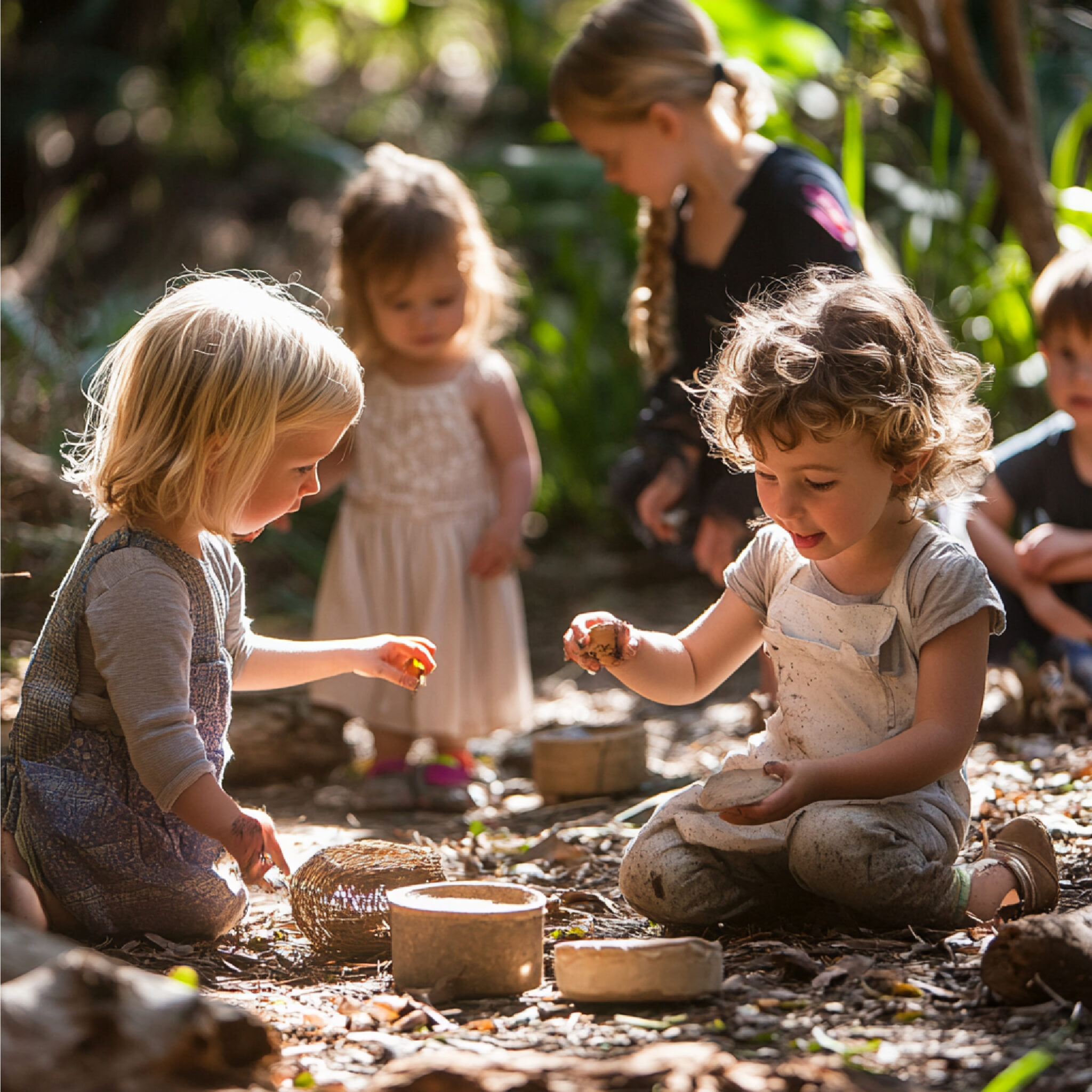 Petite fille concentrée en train de bricoler avec une perceuse, construisant une structure en bois en pleine lumière naturelle. Activité DIY éducative et ludique.